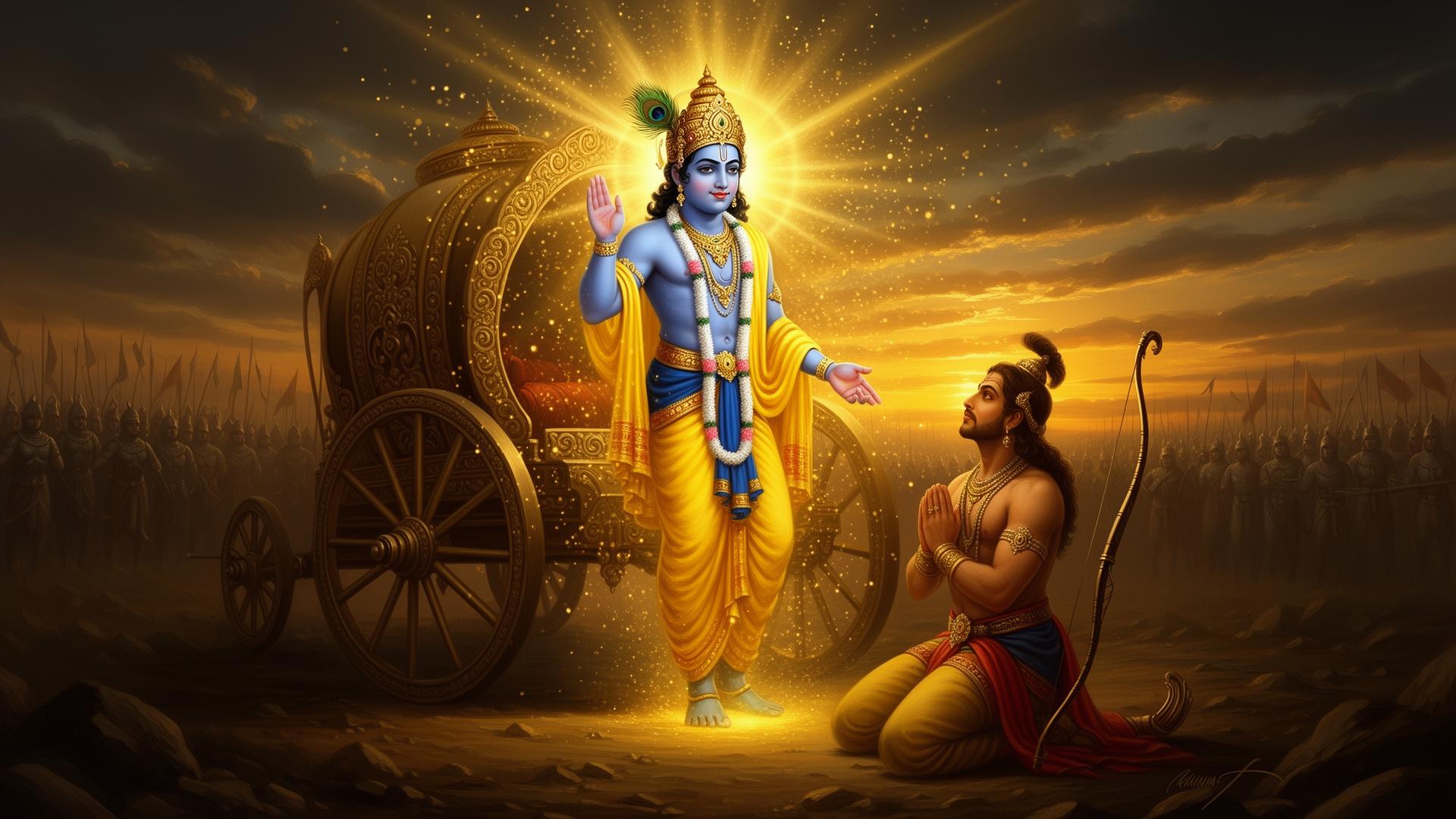 Krishna imparting Bhagavad Gita wisdom to Arjuna on the battlefield
